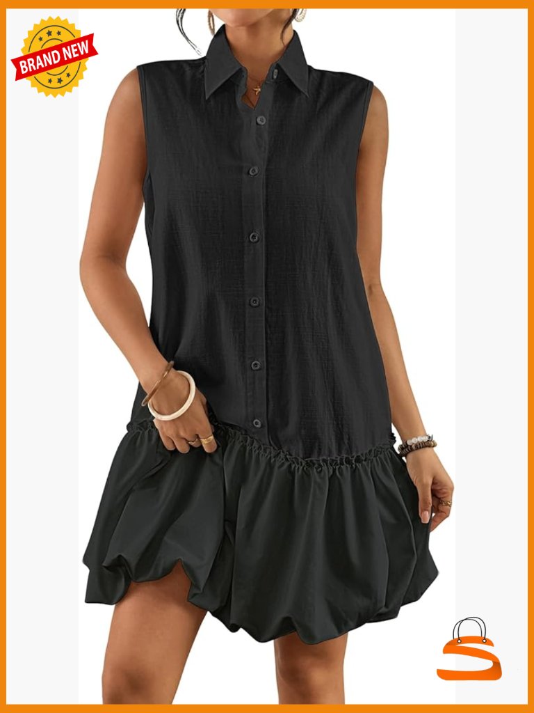 Sleeveless Linen Blend Bubble Mini Sundress With Pockets
